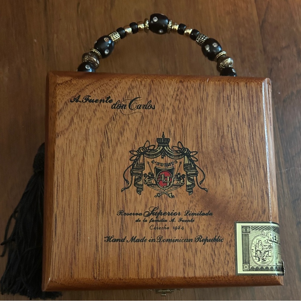 Vintage Wooden Handcrafted Cigar Box with Beaded Handle and Tassel